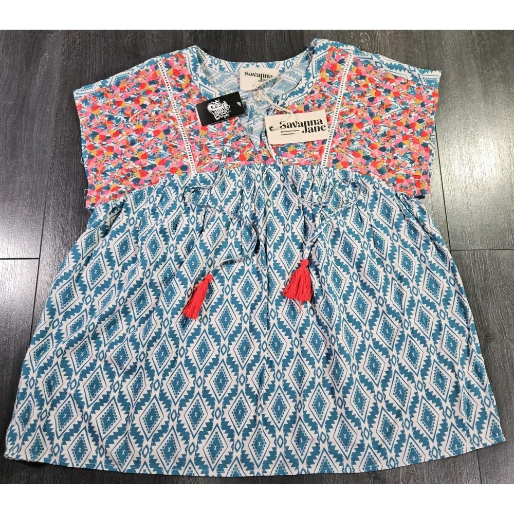 NWT Savanna Jane Top Women M Multicolor Embroidered Floral Tassled Boho Western‎